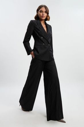 Karen Millen Petite Pinstripe Wide Leg Trouser in Black at Nordstrom, Size 6P