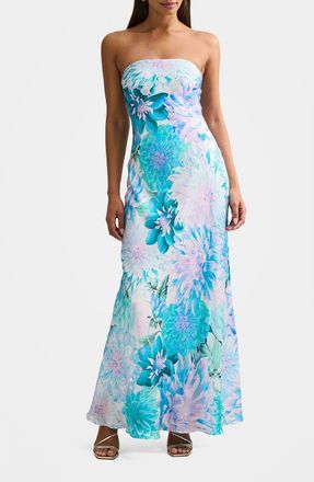 Ever New Kai Floral Strapless Satin Dress in Blue Carmen Floral at Nordstrom, Size 12