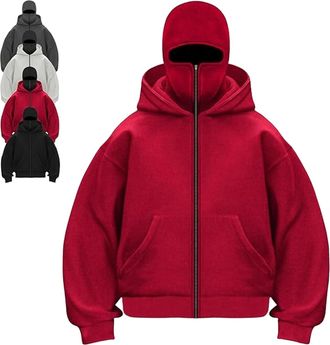 Generic Balaclava Ninja Zipper Hoodie With Built In Balaclava,Double Hoodie Jacket With Mask,Winter Hoodies For Unisex (Red B-Zipper,XL)