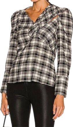 Jonathan Simkhai Rory Plaid Poplin Cutout Draped Shirt In Black Plaid