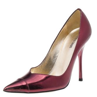 Roberto Cavalli Metallic Burgundy Leather Pointed Toe Pumps Size 37