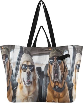 Generic Cool Dogs Gray pattern Reusable Canvas Tote Bag, Heavy Duty Grocery Shopping Bag with Large Capacity Hard Bottom Double Handles Work Groceries Travel