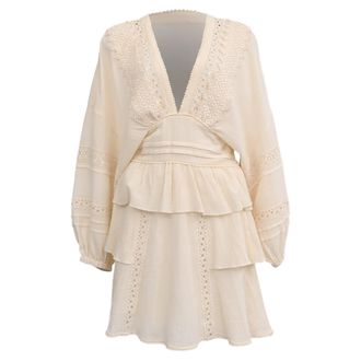 Iro Iro Figons Crochet-Trimmed Ruffled Mini Dress in Beige Cotton