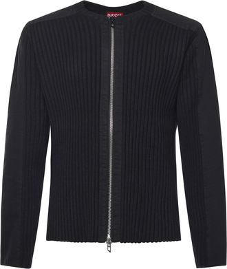 Diesel k-matty Black Crewneck Ribbed Knit Sweatshirt With Front Zip Closure In Cotton Man