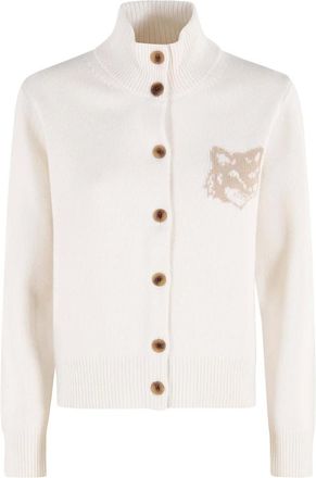 Maison Kitsun&eacute; Truien & Vesten, Dames, Wit, M, Fox Head Intarsia Merino High Neck Cardigan