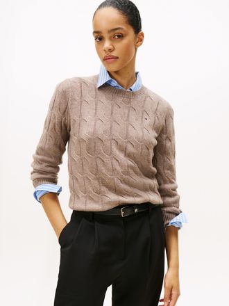 Tommy Hilfiger Strickpullover TOMMY HILFIGER SOFT WOOL CABLE C-NK, Damen, Gr. XXL (44), heatherot taupe, Strick, Obermaterial: 100% Wolle, unifarben, normal, Rundhal