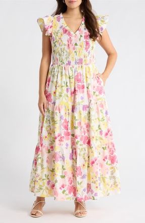Sugarlips Leonie Floral Sunfire Tiered Midi Dress in Blush-Yellow at Nordstrom, Size 1X