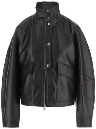 By Malene Birger High Collar Black Leather Jacket With Flap Pockets