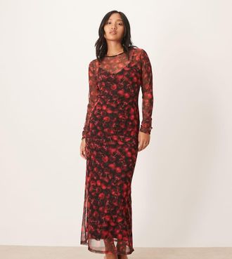 Never Fully Dressed Petite - Vestito lungo in rete con stampa di ciliegie rosse-Rosso