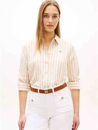 Tommy Hilfiger Womens Relaxed Fit Stripe Linen-Blend Shirt - Beige - XXL