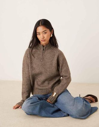 Motel Lamara - Maglione marrone scuro m&eacute;lange con zip corta
