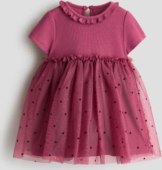 H&M Cotton Dress With Tulle Skirt in Dark Pink at Nordstrom, Size 12-18M
