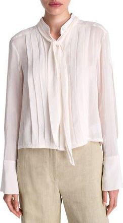 TWP Patti Tie Neck Pleat Detail Cotton & Silk Button-Up Shirt in Ivory at Nordstrom Rack, Size Large