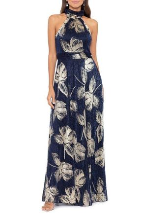 Betsy & Adam Foil Print Sleeveless Gown in Navy/Gold at Nordstrom, Size 10