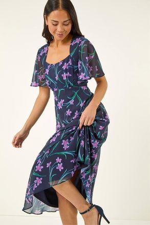 Roman Womens Petite Floral Midi Dress - Navy Denim - Size 18 UK