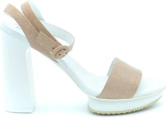 Hogan Beige Blokhak Sandalen Lente/Zomer - Dames - Sandalen met hakken - Beige - 39 EU - Leer - Schoenen