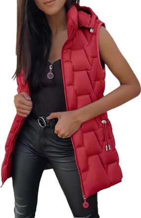 Generic Quilted Gilet for Women UK Ladies Longline Hooded Puffer Jackets Padded Sleeveless Warm Bodywarmers Vest Lightweight Cozy Waistcoat Zipper Transitiona