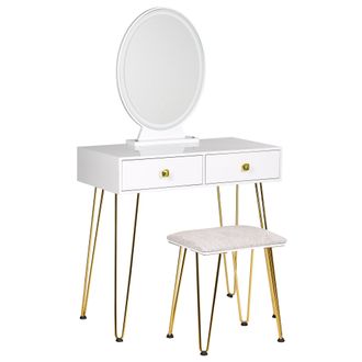 Beliani Beliani - Tocador Led Blanco Dorado 75 X 40 Cm Mdf 2 Cajones Espejo Taburete Caen