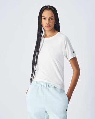 Champion T-Shirt CHAMPION, Damen, Gr. XL (46/48), weiss (str), Obermaterial: 95% Baumwolle, 5% Elasthan, Shirts T-Shirt