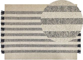 Beliani Alfombra De Lana Blanco Crema Negro 140 X 200 Cm Hecho A Mano Borlas Tacettin