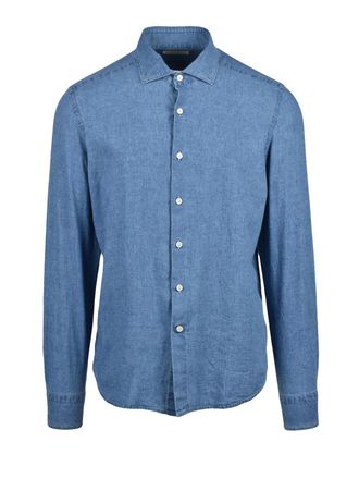 Ghirardelli Blue Linen-Blend Denim Shirt