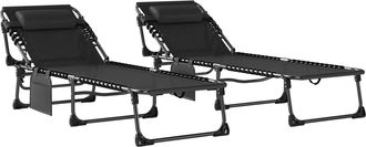 OUTSUNNY Set De 2 Tumbonas Jard&iacute;n Exterior, Tumbonas Plegables Con Reposacabezas Y Bolsillo Lateral, Respaldo Reclinable 5 Posiciones, Negro