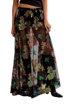 Free People Fioritura Sequin Floral Sheer Maxi Skirt in Black at Nordstrom Rack, Size 12