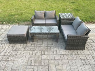 Fimous 5 Pieces Garden Furniture Sets Poly Rattan Outdoor Patio Furniture PE Wicker Furniture Set with Loveseat & Table in Dark Grey