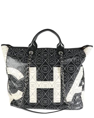 Chanel Beige & Black Coated Canvas & Leather Camellia & Cc Print Shopper Tote (Authentic Pre-Loved)