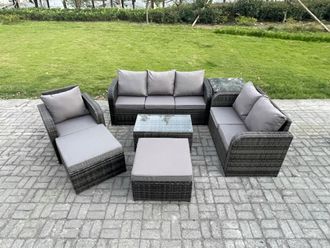 Fimous Outdoor Garden Furniture Sets 7 Pieces Wicker Rattan Furniture Sofa Sets w/ Rectangular Coffee Table Loveseat Sofa 2 Big Footstool Side Table