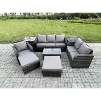 Fimous Outdoor Garden Furniture Sets 8 Pieces Wicker Rattan Furniture Sofa Sets with Rectangular Coffee Table Loveseat Sofa 2 Big Footstool 2 Side Tables