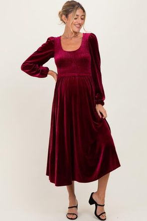 Pinkblush Velvet Smocked Long Sleeve Midi Dress in Burgundy at Nordstrom, Size Small