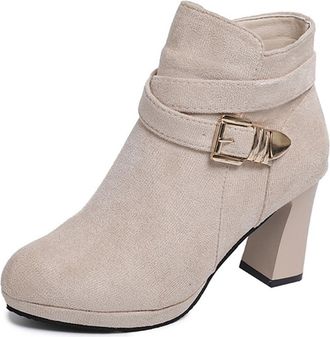 Generic Womens Round Toe Chunky Heel Ankle Boots Fashion Buckle Strap Decor Side Zipper Winter Casual Pumps Shoes (5.5,Apricot)