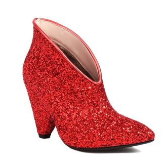 Generic Womens Sequins Sparkly V-Cut Ankle Boots Cone Heel Pointed Toe Slip On Wide Calf Wedding Party Dress Shoes (7.5,Red)