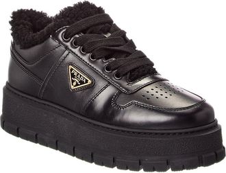 Prada Logo Leather & Shearling Platform Sneaker