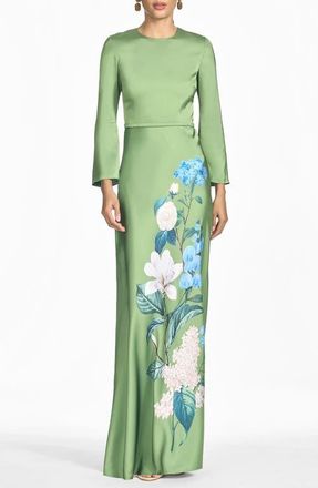 Sachin & Babi Alex Floral Long Sleeve Satin Crepe Gown in Cypress Sweet Pea at Nordstrom, Size 16W