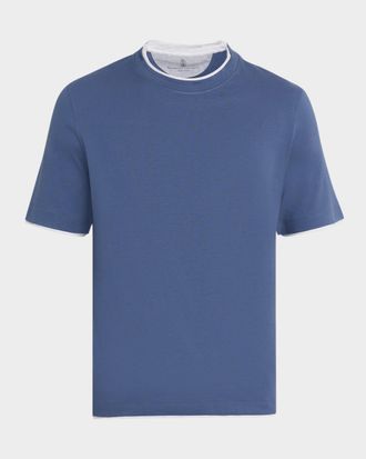 Brunello Cucinelli Mens Cotton Jersey Crewneck T-Shirt with Tipping