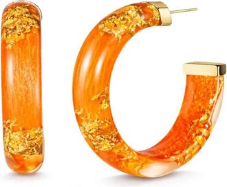 Gold & Honey Womens Small Lucite Hoop Earrings In Orange Gold Leaf