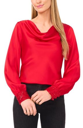 CeCe by Cynthia Steffe Cowl Neck Sequin Cuff Charmeuse Top in Stoplight Red at Nordstrom, Size Small
