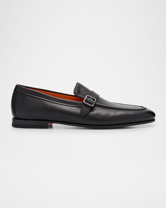 Santoni Mens Donor Buckle Leather Loafers