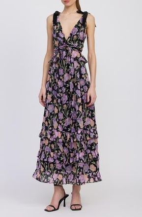 En Saison Becca Floral Tiered Dress in Black Purple Orange at Nordstrom Rack, Size X-Small