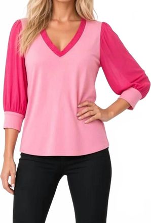 Maven West 3/4 Sleeve Mixed Media Top In Pink
