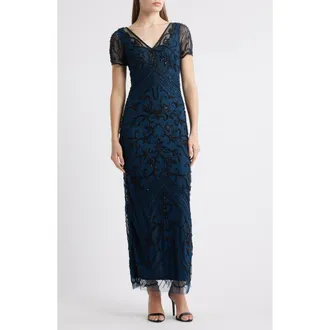Pisarro Nights Beaded Mesh Column Gown in Peacock 405 at Nordstrom Rack