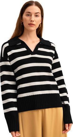LilySilk Womens Stripped Sweater 100% Merino Wool Oversized Polo Pullover for Fall Winter(Black&White Stripes,S)
