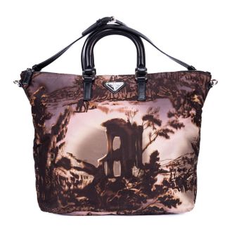 Prada Pre-owned Womens Tessuto Nylon Temple Print Tote Bag Shoulder Bag - Black - One Size