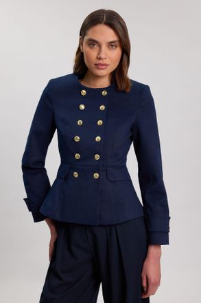 Karen Millen Womens Cotton Tailored Button Detail Peplum Blazer - Navy - Size 14 UK
