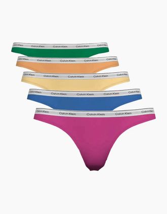Calvin Klein Womens 5-Pack Icon Logo Thongs, Pink/Blue/Yellow/Orange/Green - Size: 16