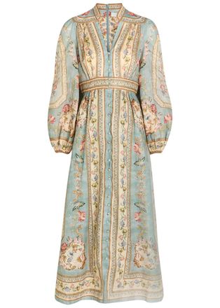Zimmermann Roselight Printed Plunge Linen Midi Dress - Blue - 1 (UK 10 / S)