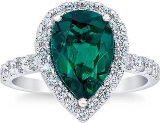 Pompeii3 5Ct Pear Shape Emerald & Lab Grown Diamond Halo Ring in 10k White Gold
