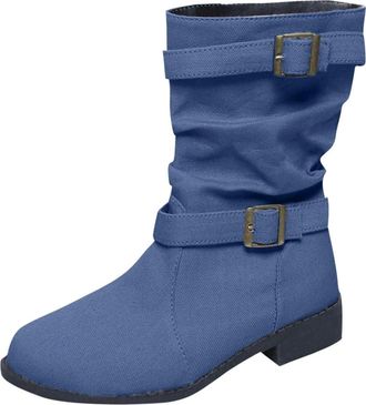 Generic Ankle Boots Wide Fit Women Mid-Calf Cowboy Cowgirl Boots with Low Chunky Heel Pull On Buckle Ladies Pixie Slouch Boot Fashion Western Shoes